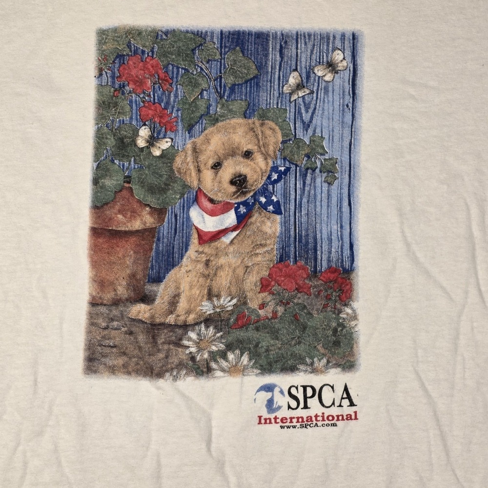 SPCA International Mens Graphic T-Shirt Large White Patriotic Puppy Dog July 4th
